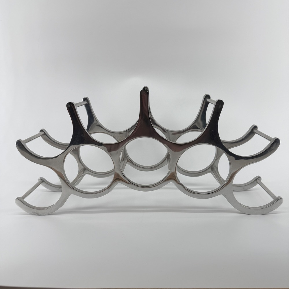 Modernist Cast Aluminum 6 Bottle Wine Rack Silver Polished Metal Countertop MCM